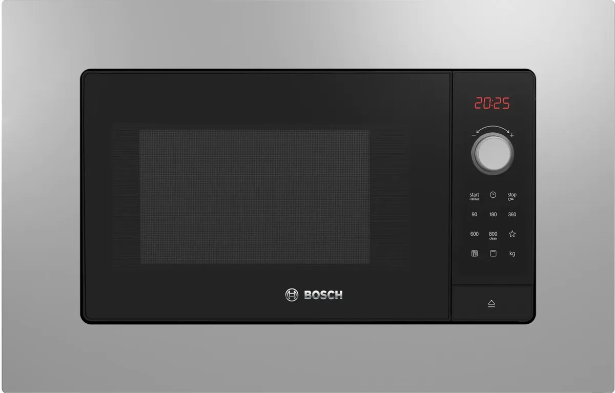 Вбудована мікрохвильова піч Bosch, 25 л, електронне управління, 800 Вт, гриль, дисплей, з нержавіючої сталі.