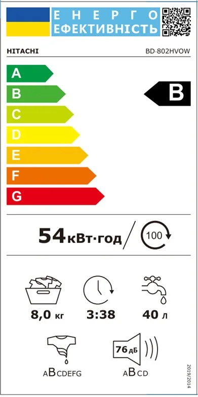 Фронтальна пральна машина Hitachi, 8 кг, 1400 об/хв, клас енергоефективності A+++, 60 см, з дисплеєм, паровими функціями, інвертор