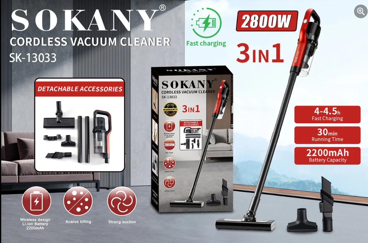 Пылесос аккумуляторный Sokany вертикальный съемная ручка 2800 Вт Красный