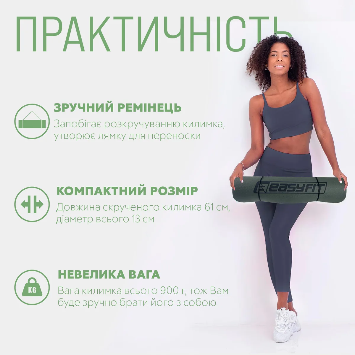 Коврик для йоги EasyFit TPE 183х61 см черный с зеленым