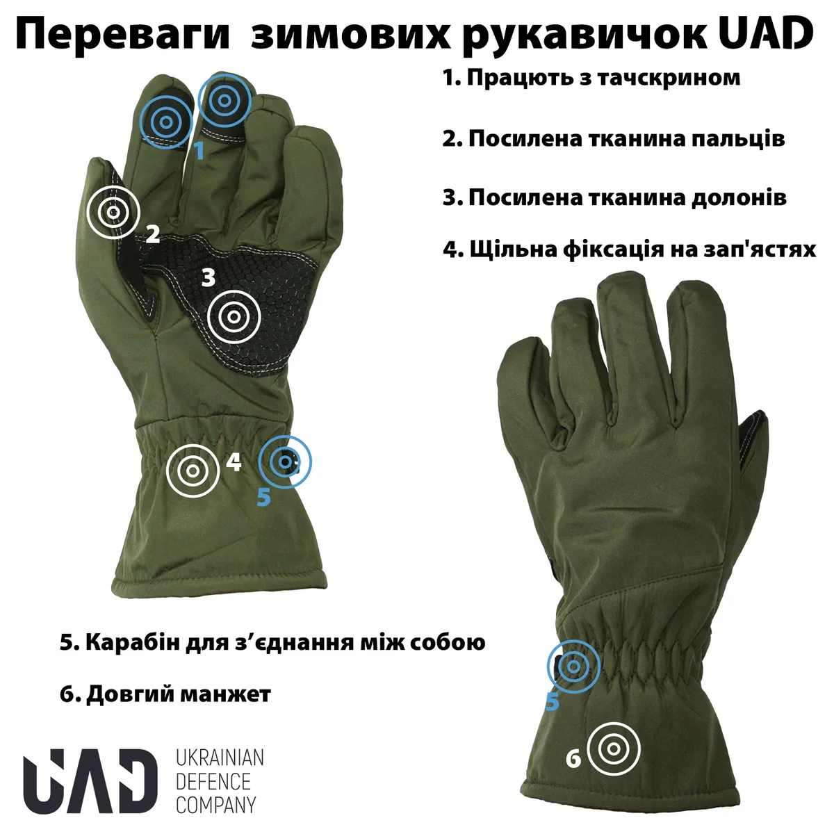 Рукавиці зимові UAD SoftShell M Олива сенсорні 3 шари