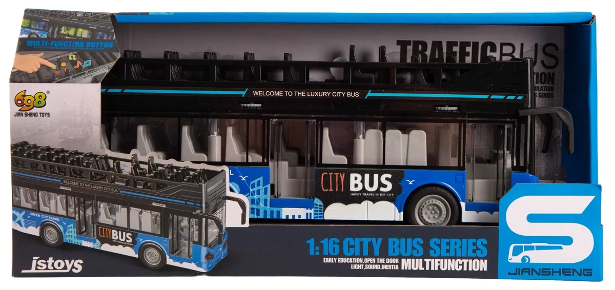 Инерционный двухэтажный автобус со звуковыми и световыми эффектами, пластик, 285х65х115 мм.