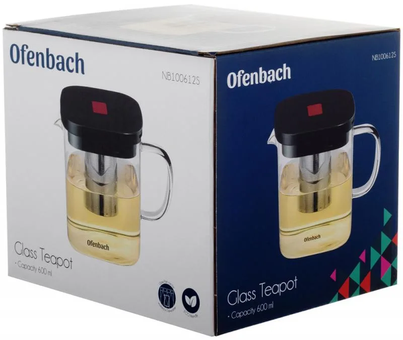 Чайник скляний Ofenbach боросилікатовий 600 мл з металевим ситечком прозорий