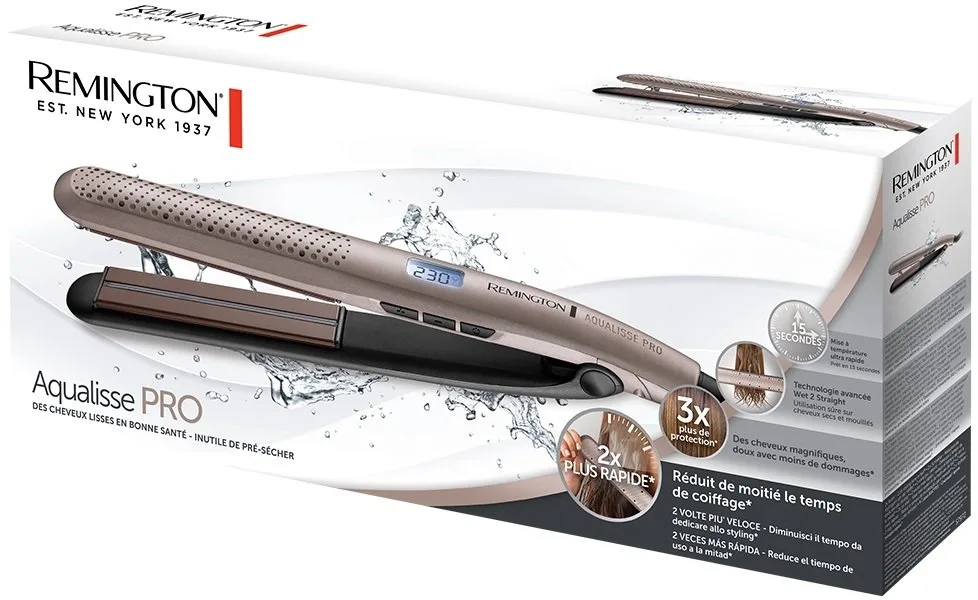 Випрямляч волосся Remington Aqualisse PRO, 230 Вт, 10 температурних режимів, дисплей, керамічне покриття, сріблястий.