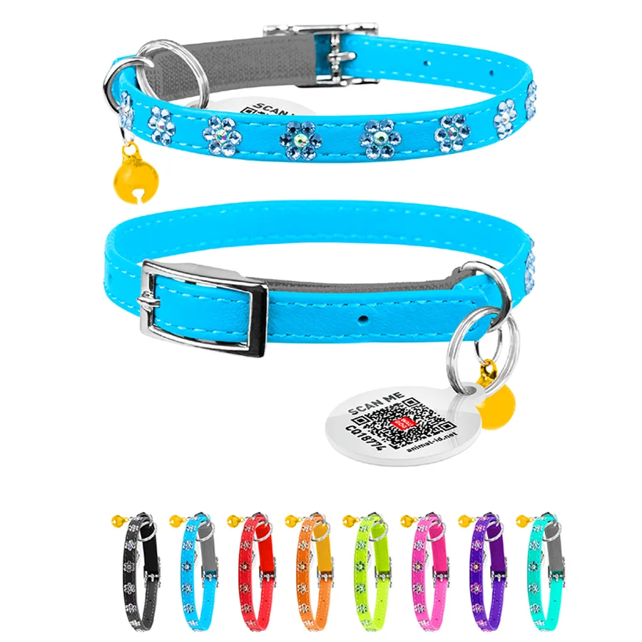 Нашийник WAUCAT Glamour 22-30 см 9 мм шкіра блакитний з клейовими стразами
