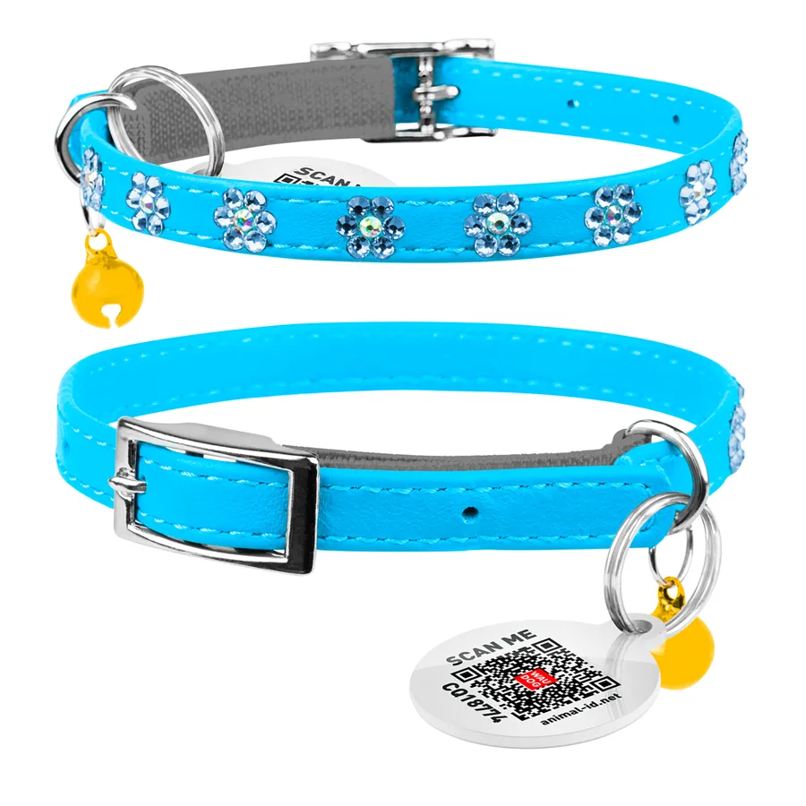 Нашийник WAUCAT Glamour 22-30 см 9 мм шкіра блакитний з клейовими стразами