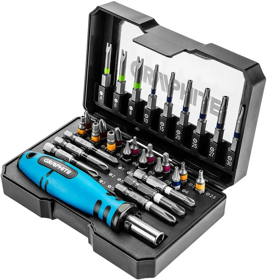 Набір бит GRAPHITE 1/4", бітотримач, PH, R, HT, TT, у кейсі, 31 шт.