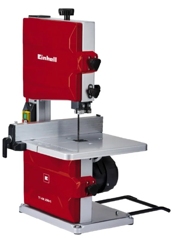 Стрічкова пила Einhell TC-SB 200/1, 250 Вт, розмір різу 80x230 мм, швидкість 900 м/хв, стіл 305x305 мм, виліт 200 мм.