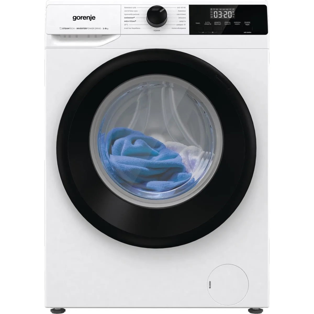 Фронтальна прально-сушильна машина Gorenje, 8(5) кг, 1400 об/хв, клас енергоефективності A+, 55 см, з дисплеєм, функцією пара, інв