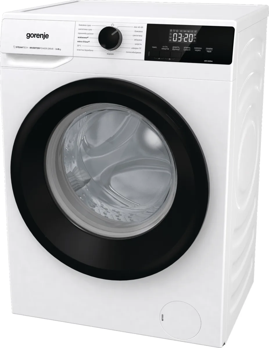 Фронтальна прально-сушильна машина Gorenje, 8(5) кг, 1400 об/хв, клас енергоефективності A+, 55 см, з дисплеєм, функцією пара, інв