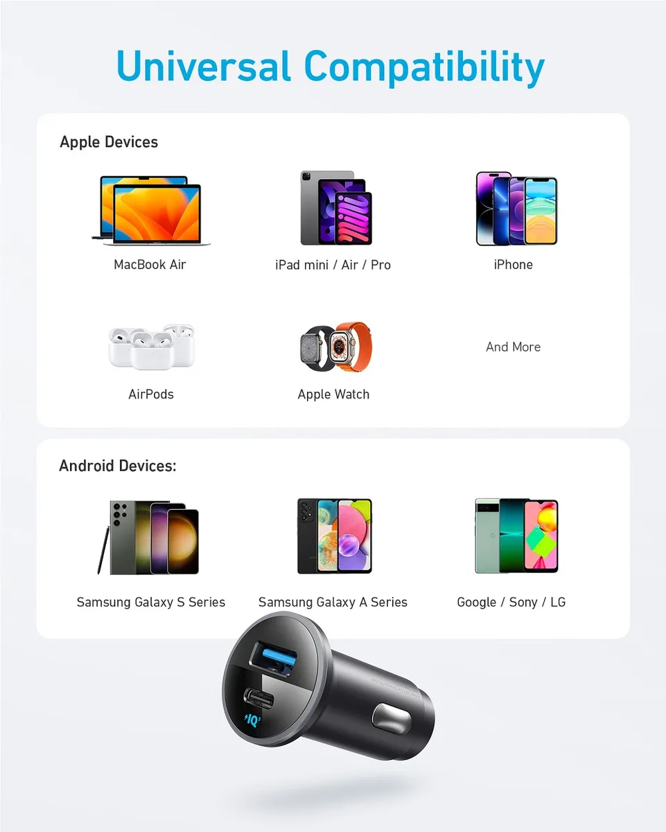 Автомобільний зарядний пристрій Anker 52,5 Вт 2 порти USB-C USB-A Чорний