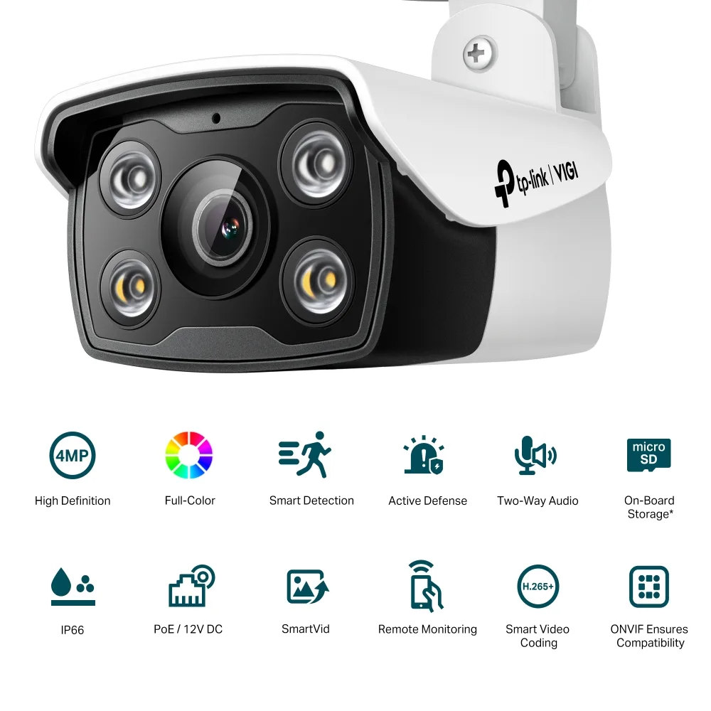 IP-камера TP-LINK VIGI C340-4, PoE, 4 Мп, 4 мм, H265+, IP66, Bullet, цветное ночное видение, наружная.