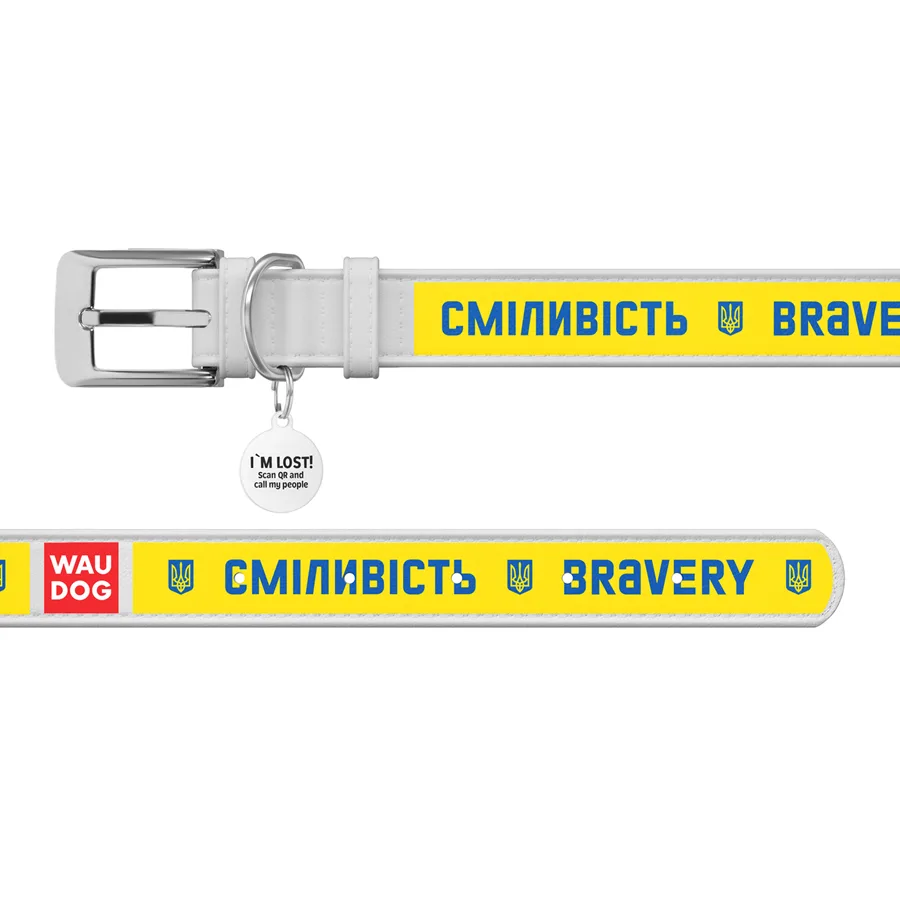 Нашийник WAUDOG кожаный XL 35 мм 46-59 см белый рисунок "Смелость"