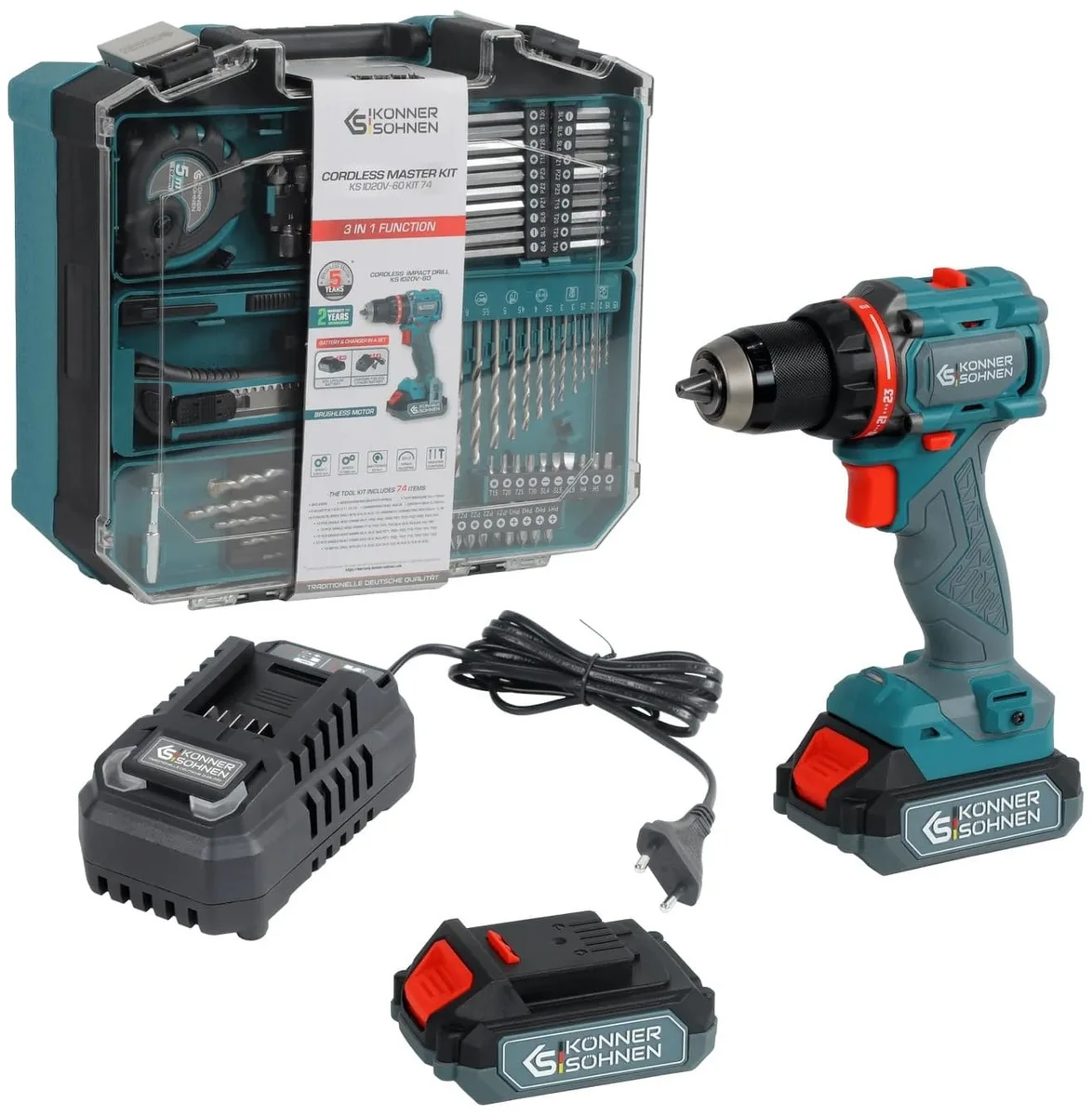 Акумуляторний ударний шурупокрут-дриль KonnerSohnen KS ID20V-60 KIT 74 18В 1х2А·год 60Нм 0-450·0-1900об/хв LE