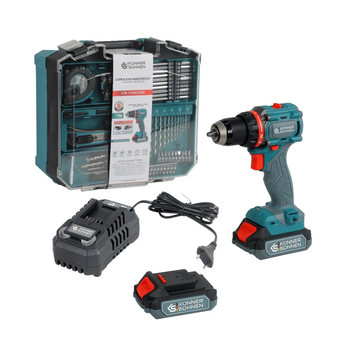 Акумуляторний ударний шурупокрут-дриль KonnerSohnen KS ID20V-60 KIT 74 18В 1х2А·год 60Нм 0-450·0-1900об/хв LE