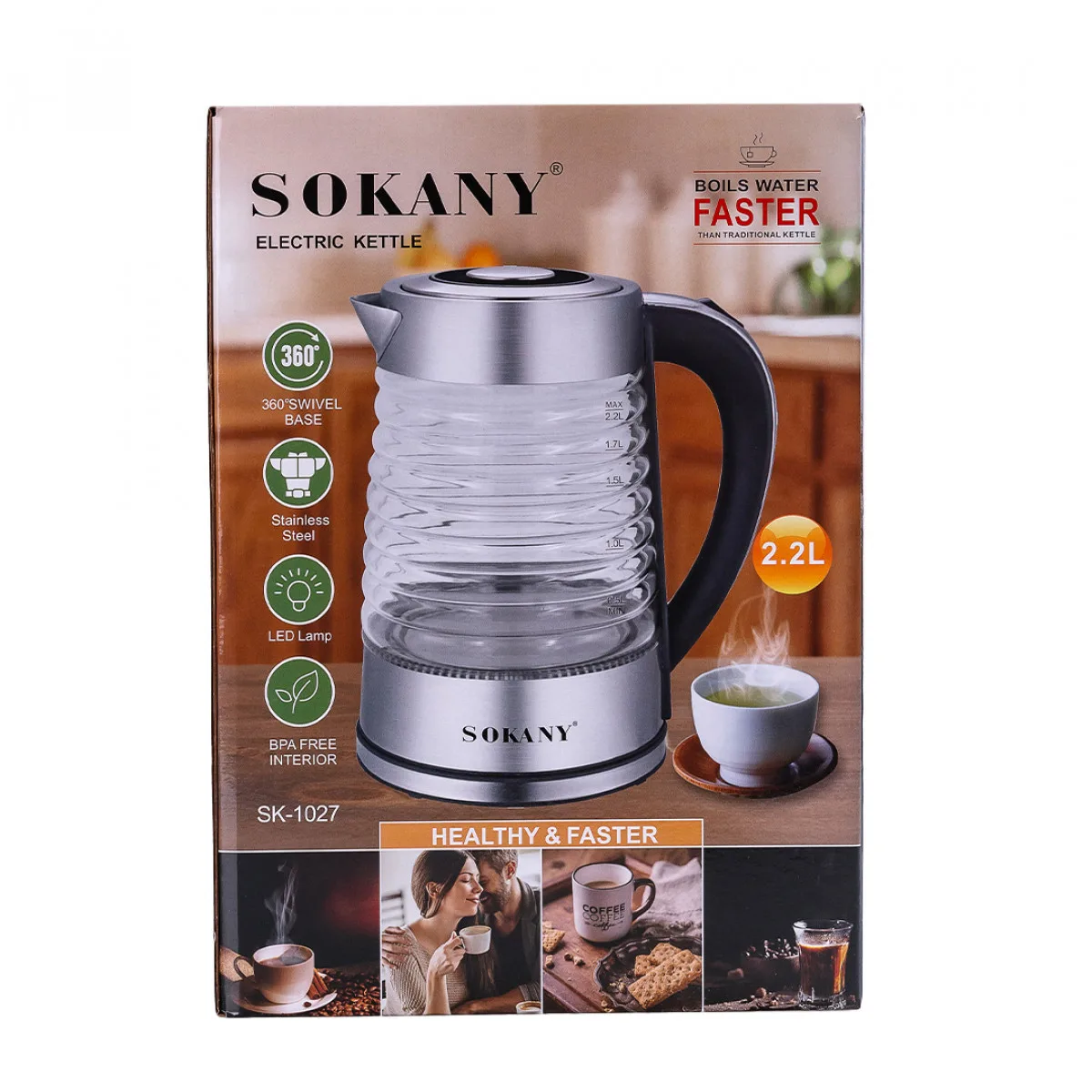 Электрочайник Sokany SK-1027 2000 Вт 2,2 л стекло нержавеющая сталь подсветка
