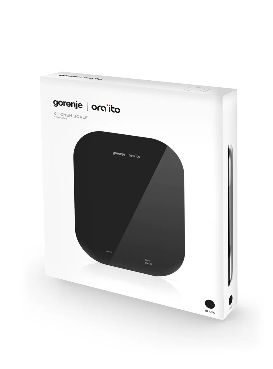 Кухонні ваги Gorenje, 10 кг, з трьома батарейками AAA в комплекті, скляна поверхня, чорний колір.