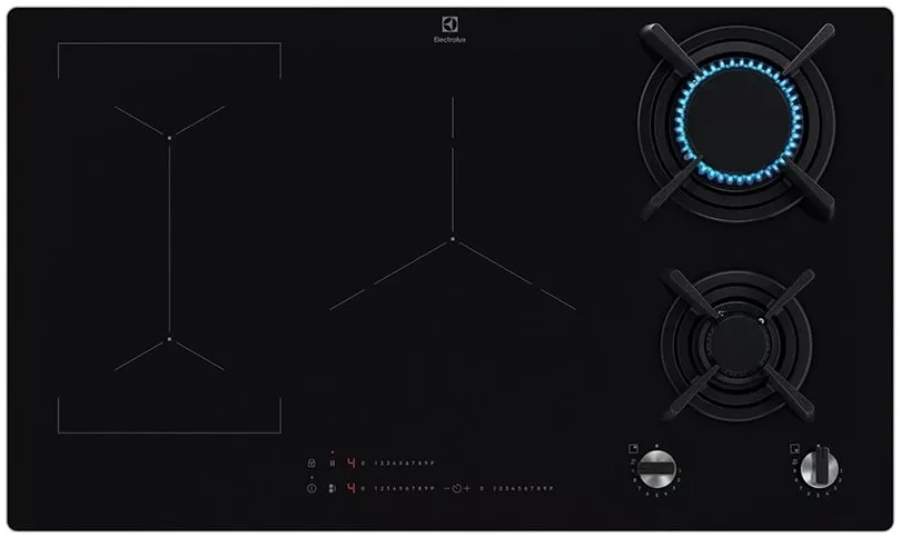 Комбінована варильна панель Electrolux (2 газові + 3 індукційні), 90 см, з розширеною зоною, чавунний, чорний.