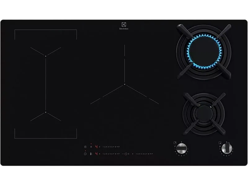 Комбінована варильна панель Electrolux (2 газові + 3 індукційні), 90 см, з розширеною зоною, чавунний, чорний.