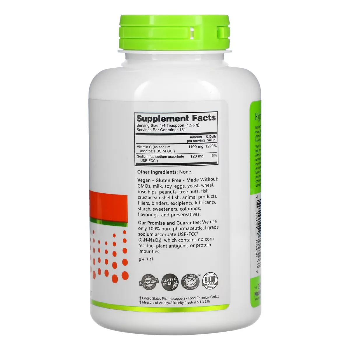 Порошок аскорбату натрію Nutribiotic 227 г веганський, без глютену, без ГМО.