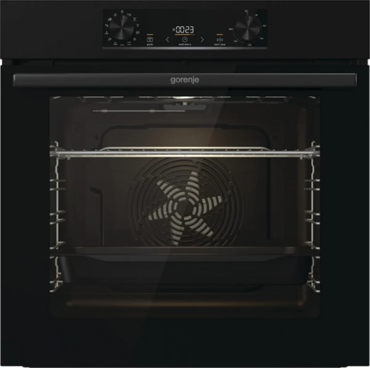 Електрична духова шафа Gorenje, 77 л, клас енергоефективності A+, з дисплеєм IconLed, піролізна, чорного кольору.