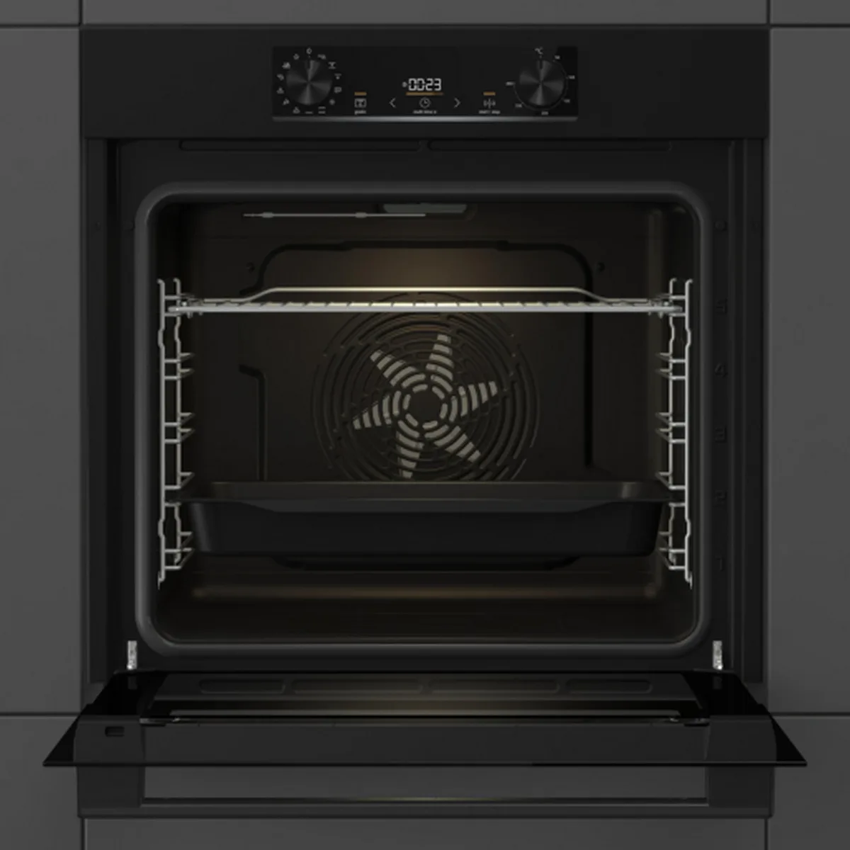 Електрична духова шафа Gorenje, 77 л, клас енергоефективності A+, з дисплеєм IconLed, піролізна, чорного кольору.