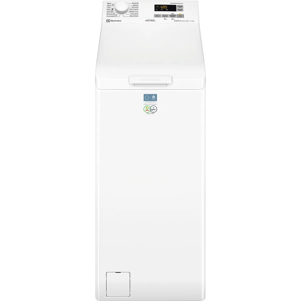 Пральна машина Electrolux з вертикальним завантаженням, 6 кг, 1000 об/хв, клас енергоспоживання D, ширина 60 см, з дисплеєм, біла.