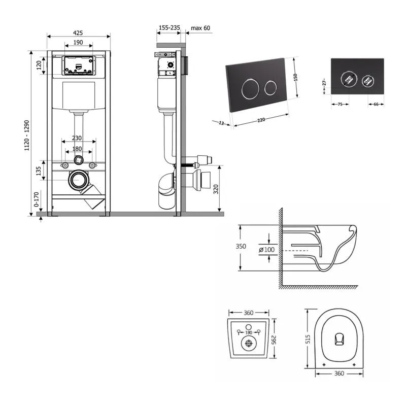 Підвісний унітаз з інсталяцією Qtap Nest 515х360х350 мм кераміка білий Matt Black