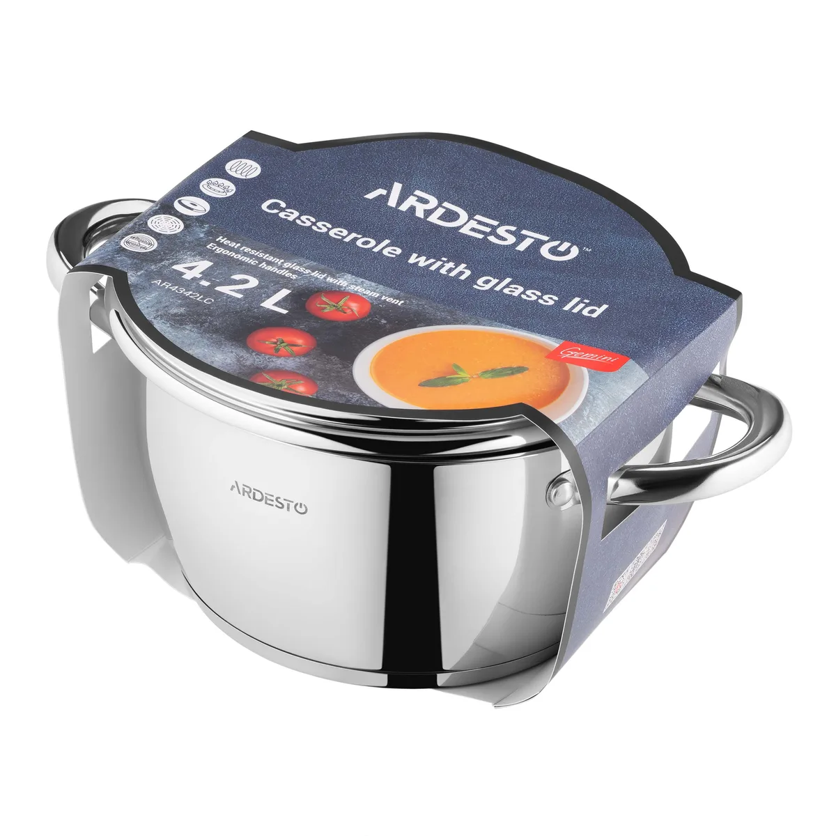Каструля з прозорою кришкою ARDESTO Gemini Lucca, об'ємом 4.2 л, виготовлена з нержавіючої сталі.