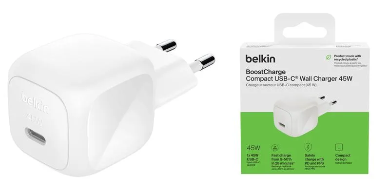 Зарядний пристрій Belkin 45Вт USB-C PD PPS білий універсальний для смартфонів