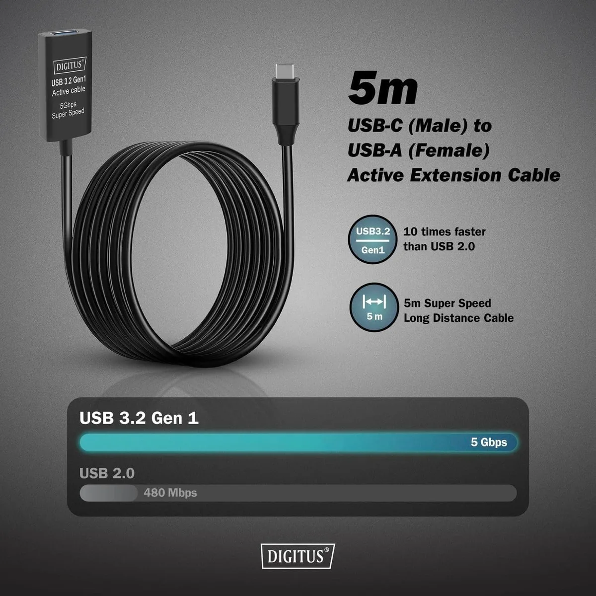 Подовжувач DIGITUS USB 3.2 Gen1 Active Cable 5G, C/M-A/F, 10м, чорний