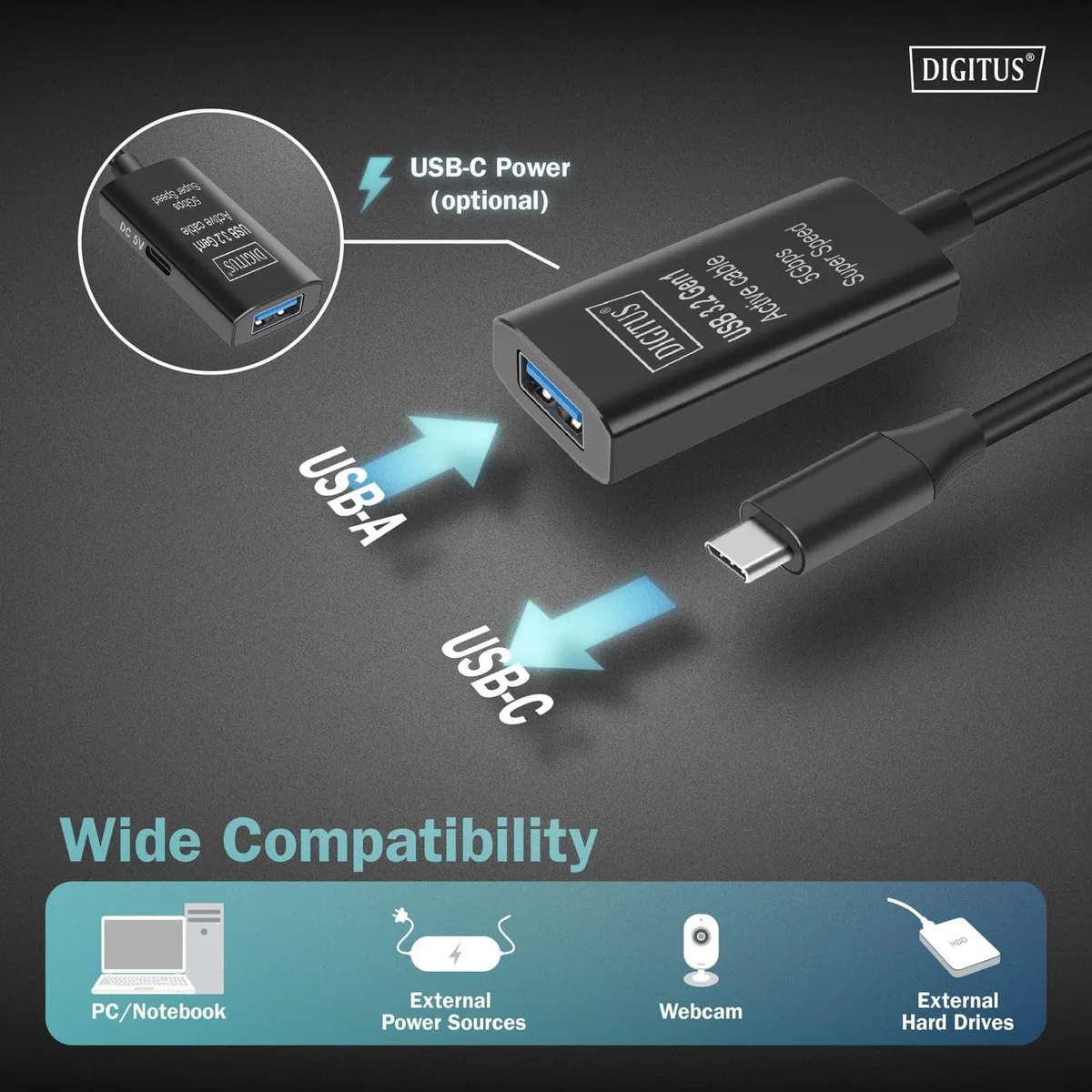 Подовжувач DIGITUS USB 3.2 Gen1 Active Cable 5G, C/M-A/F, 10м, чорний