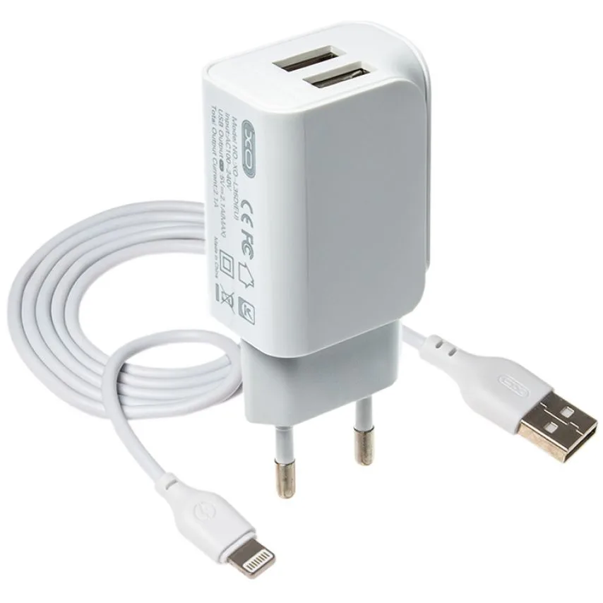 Мережевий зарядний пристрій XO 2USB 2.1A з кабелем Lightning 1м білий