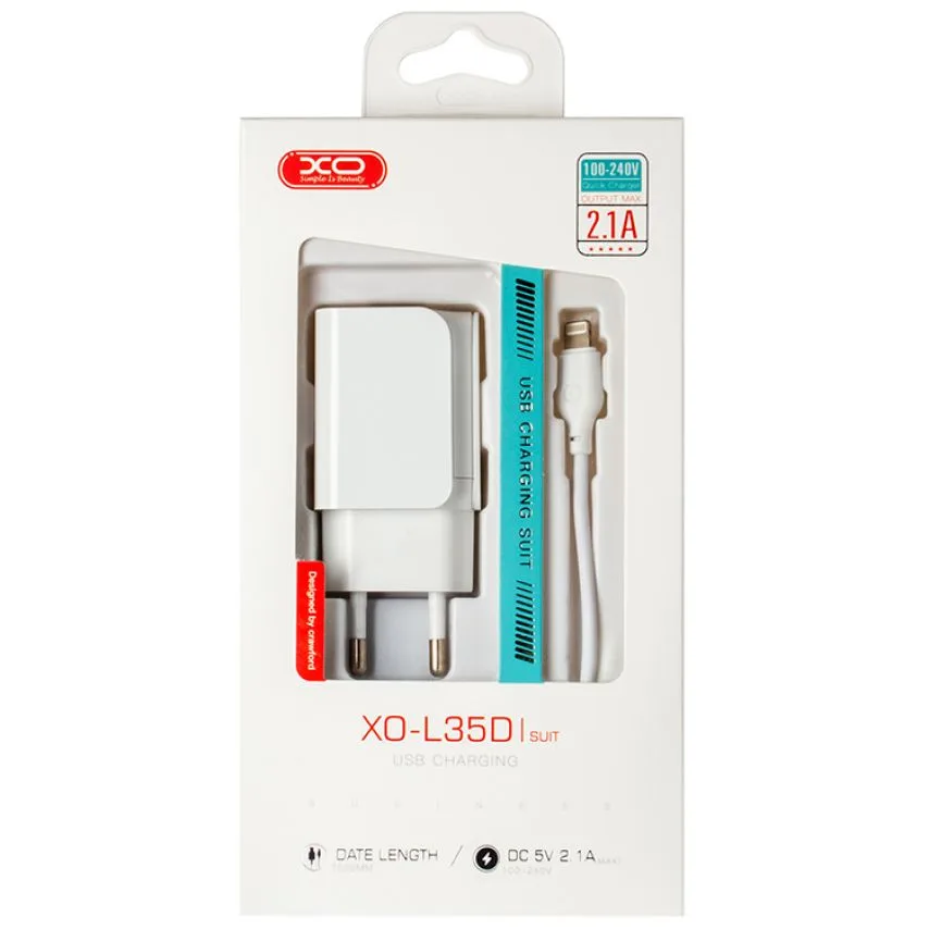 Мережевий зарядний пристрій XO 2USB 2.1A з кабелем Lightning 1м білий