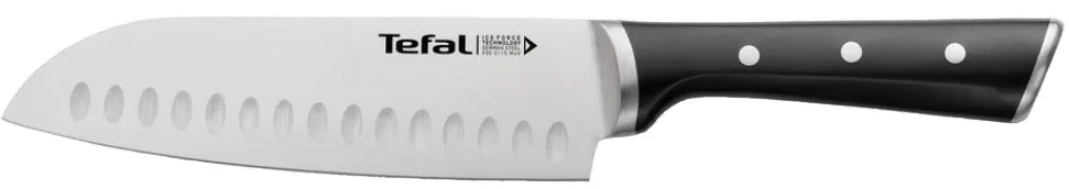 Кухонний ніж Сантоку Tefal Ice Force, 18 см, з нержавіючої сталі, пластиковою ручкою, чорного кольору.