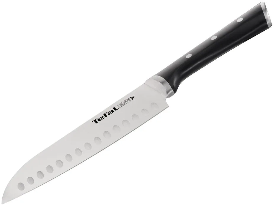 Кухонний ніж Сантоку Tefal Ice Force, 18 см, з нержавіючої сталі, пластиковою ручкою, чорного кольору.