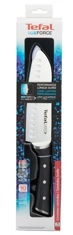 Кухонний ніж Сантоку Tefal Ice Force, 18 см, з нержавіючої сталі, пластиковою ручкою, чорного кольору.