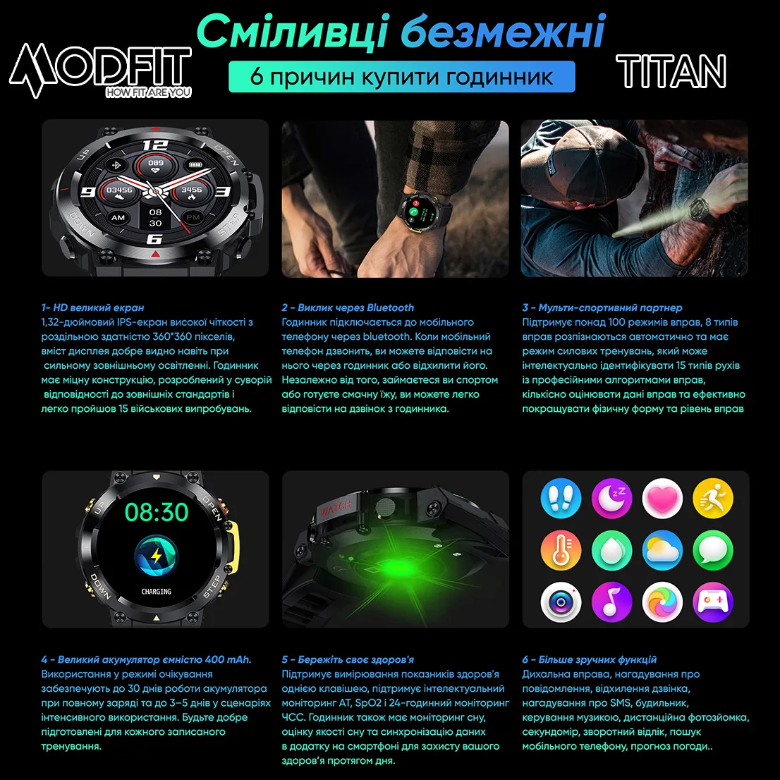 Розумні годинники Modfit полімер сталь 35 мм чорні золоті