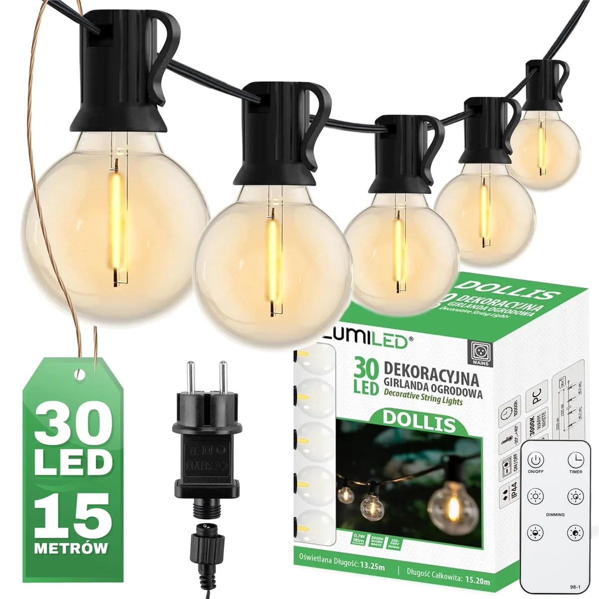 Садова гірлянда LumiLED пластикова 15,2 м чорна 30 LED 3000 K з пультом IP44