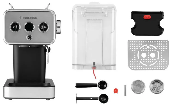 Кавоварка еспрессо Russell Hobbs ріжкова метал 34,2х27х29 см срібляста