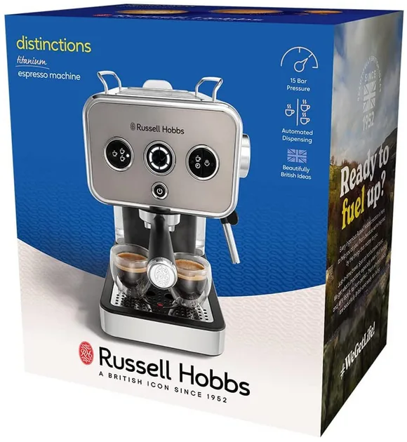 Кавоварка еспрессо Russell Hobbs ріжкова метал 34,2х27х29 см срібляста