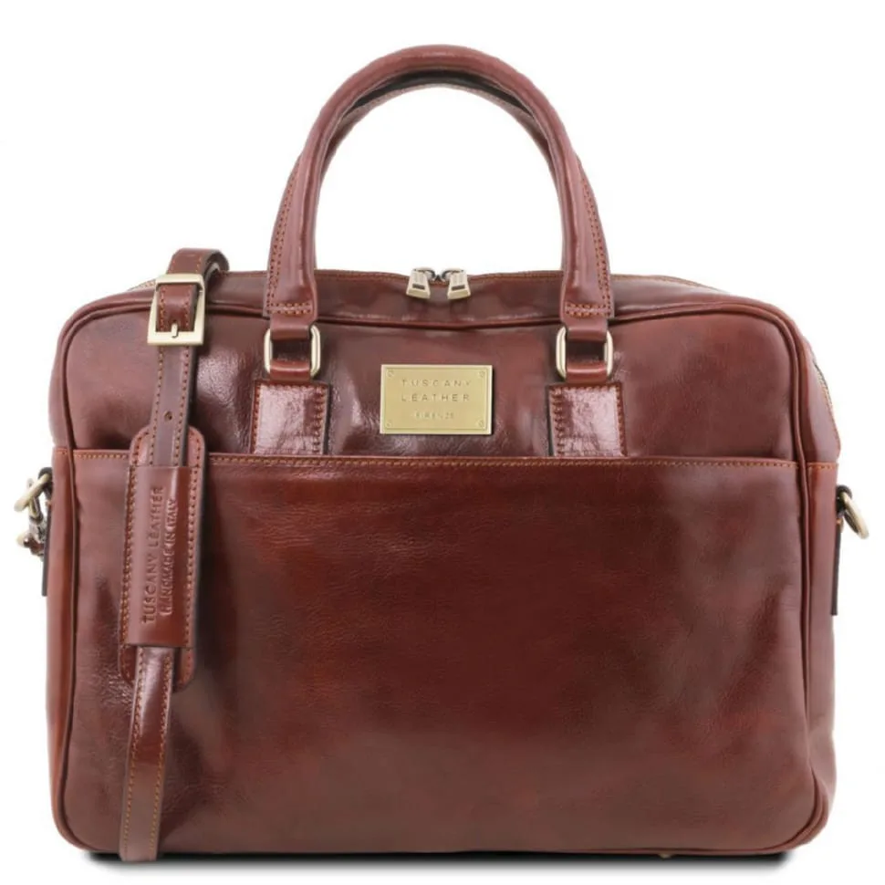 Кожна сумка для ноутбука Tuscany Leather коричнева з двома відділеннями портфель для роботи та навчання.
