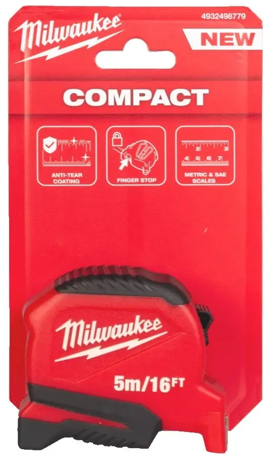Рулетка Milwaukee Pro Compact, 5м х 16 футов х 25мм с автоматическим фиксатором, изготовлена из АБС-пластика.
