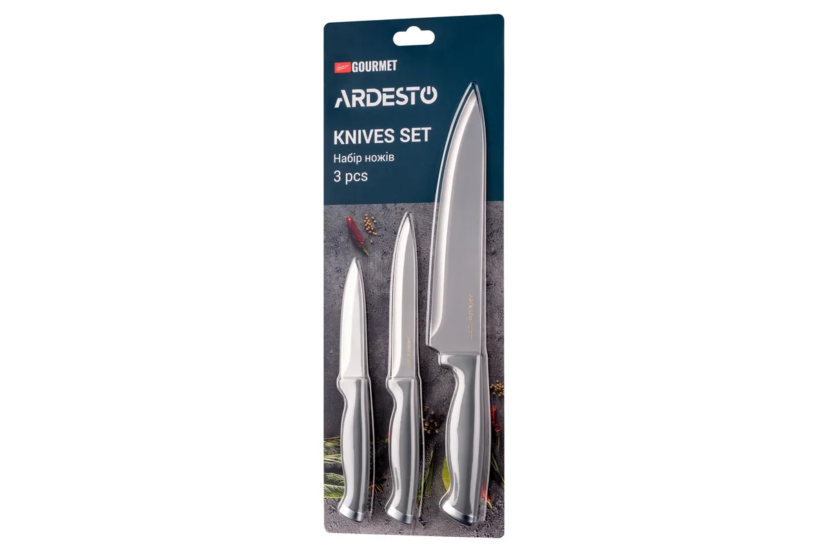 Набір кухонних ножів ARDESTO Gemini Gourmet, 3 одиниці, нержавіюча сталь, пластик, сірий.