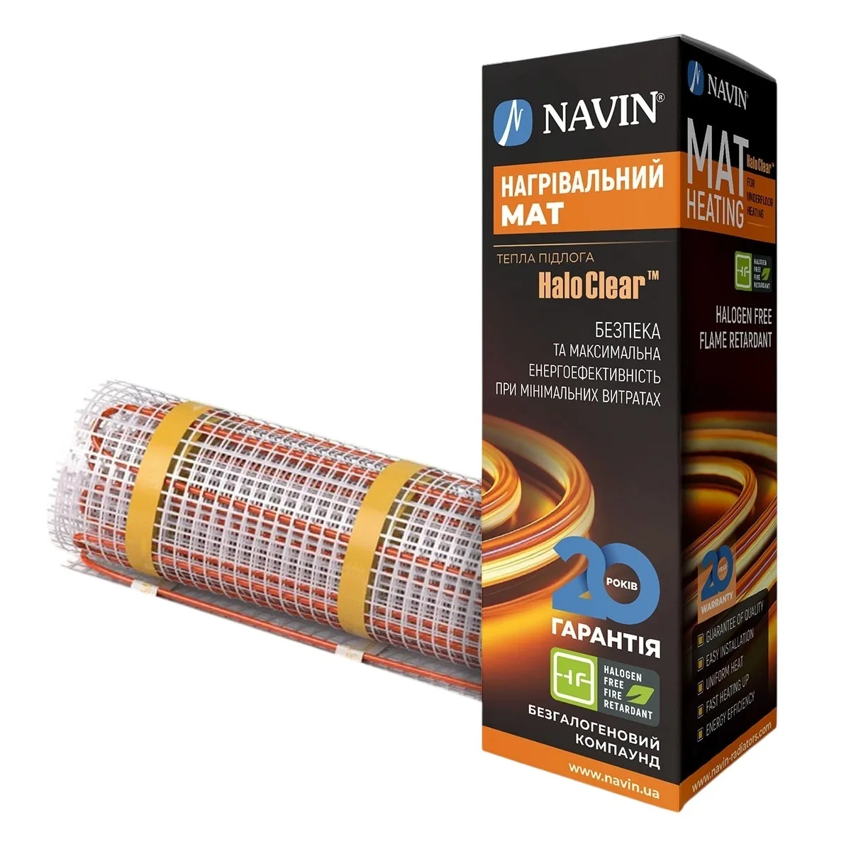 Мат нагрівальний Navin HaloClear 190/175 двожильний для систем опалення 0.9м кв, 0.5х1.8м 175Вт 230В