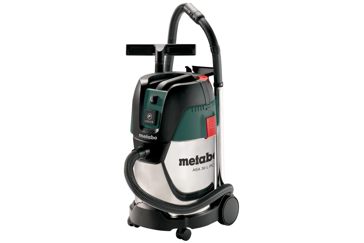 Професійний пилосос Metabo ASA 30 L PC Inox 1250Вт з потужністю всмоктування 210 мБар, об'ємом контейнера 30 л та вагою 9.6 кг.