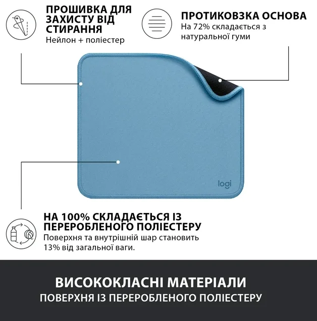Килимок для миші Logitech Гума 230х200х2 мм Синій