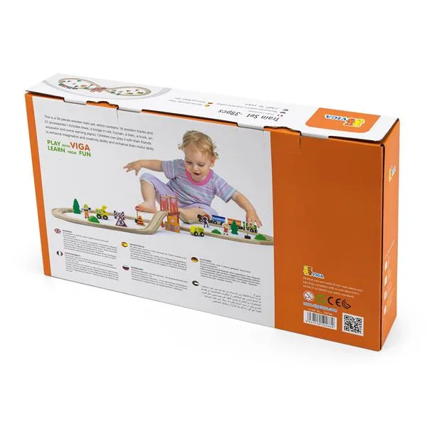 Іграшкова залізниця Viga Toys дерев'яна 39 елементів 106х16х14 см різнокольорова