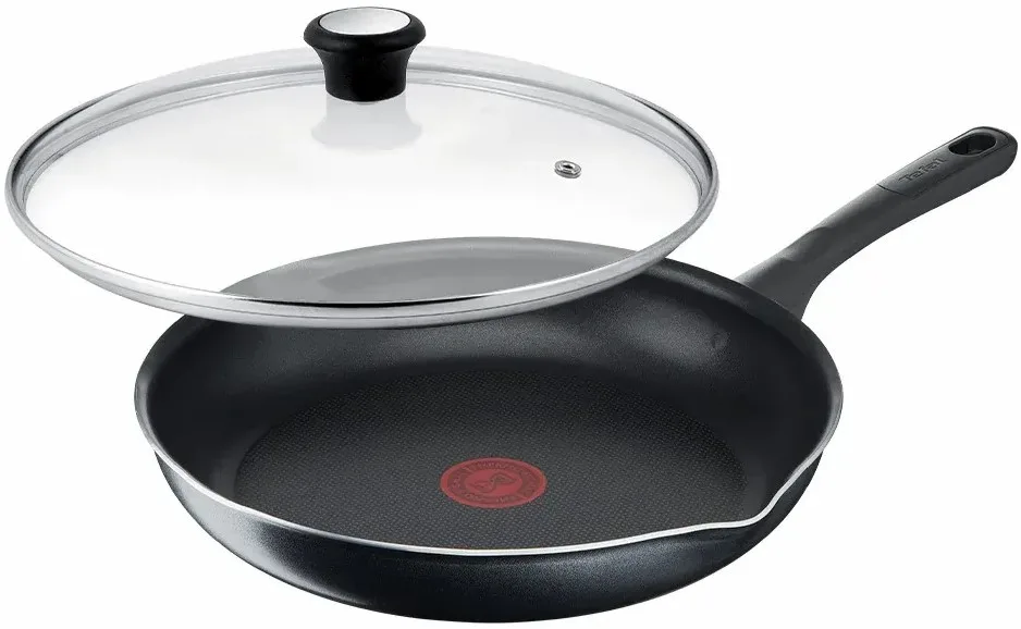 Сковорода з кришкою Tefal Day by Day, діаметр 28 см, алюмінієва, з бакелітовою ручкою та скляною кришкою, чорного кольору.