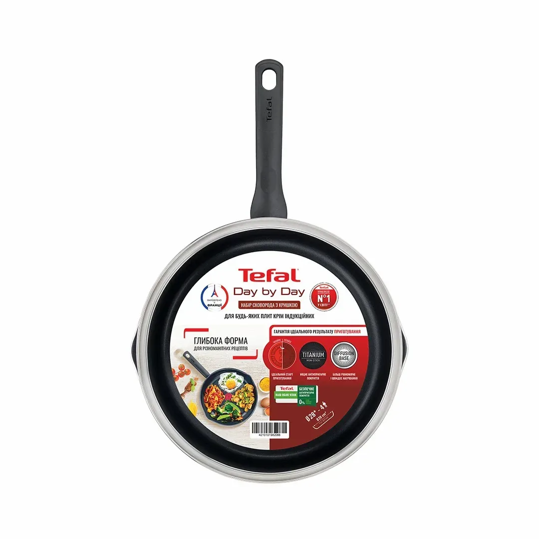Сковорода з кришкою Tefal Day by Day, діаметр 28 см, алюмінієва, з бакелітовою ручкою та скляною кришкою, чорного кольору.